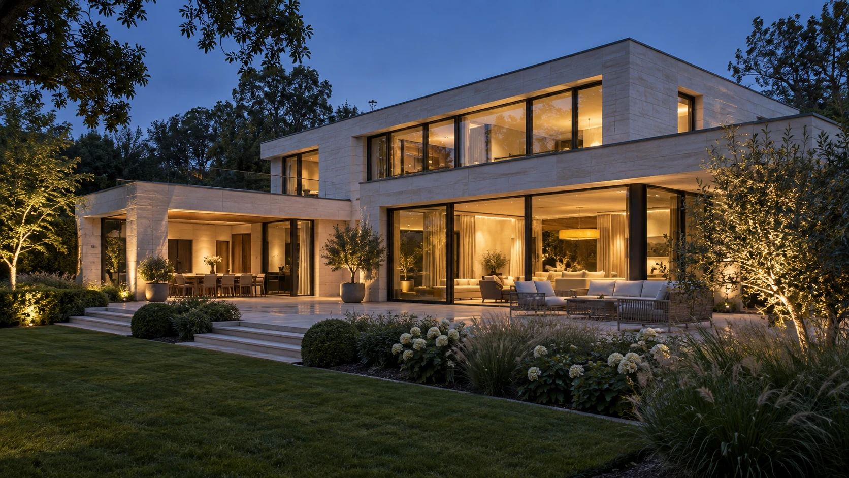 Contemporary luxury residence with expansive glazing and landscaped grounds